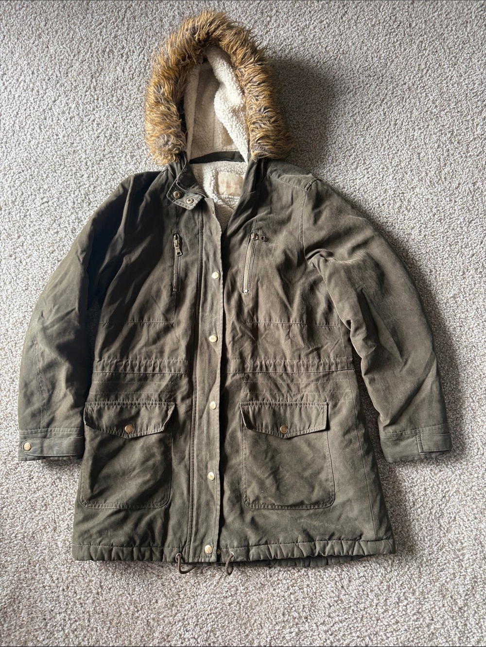 Altar'd State Olive Green Hooded Field Utility Jacket with Faux Fur Trim LG